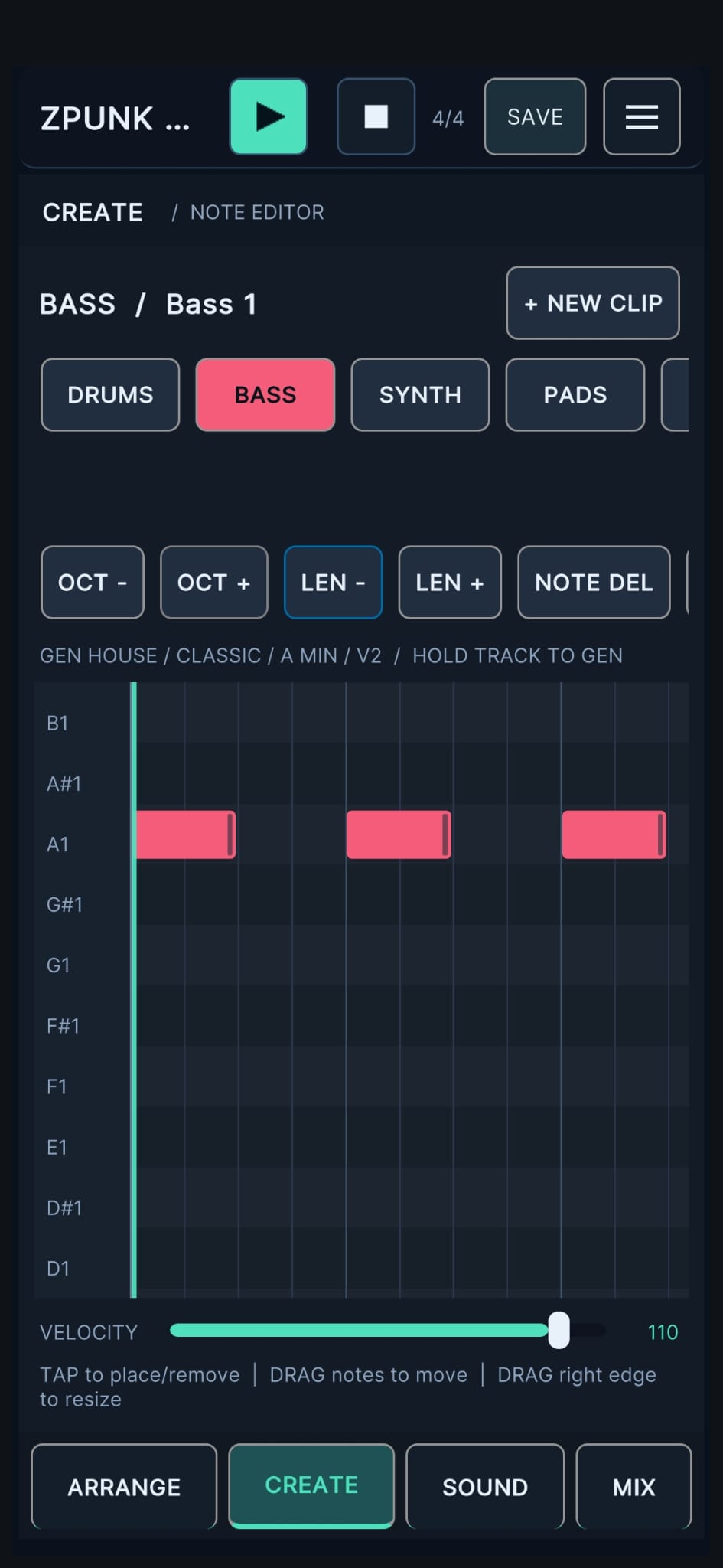 ZPUNK 2.0 bass piano roll with three notes