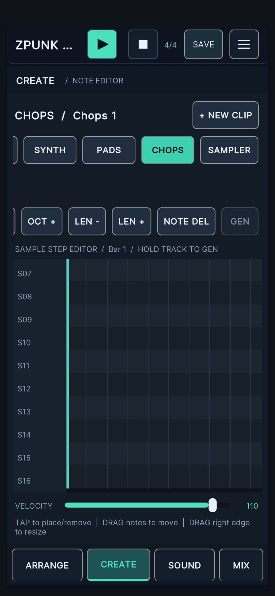 ZPUNK CHOPS step editor with sample trigger lanes