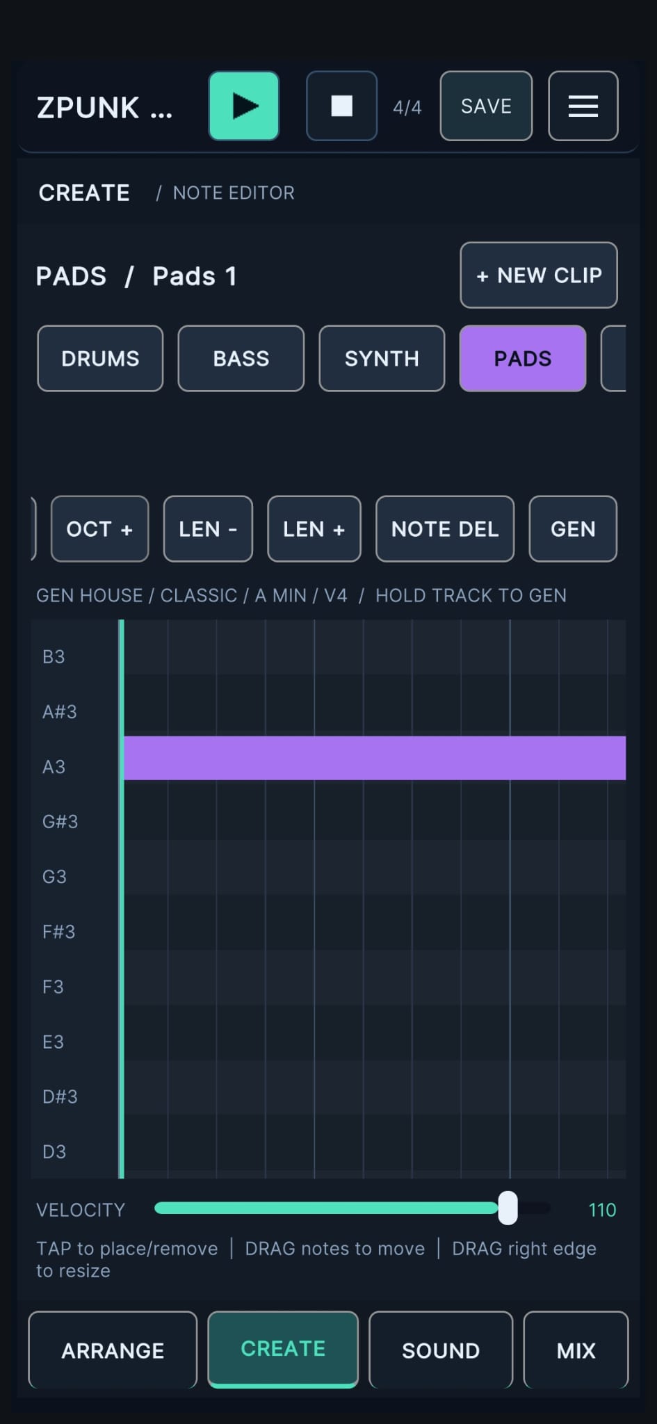 ZPUNK 2.0 pads piano roll showing a sustained note