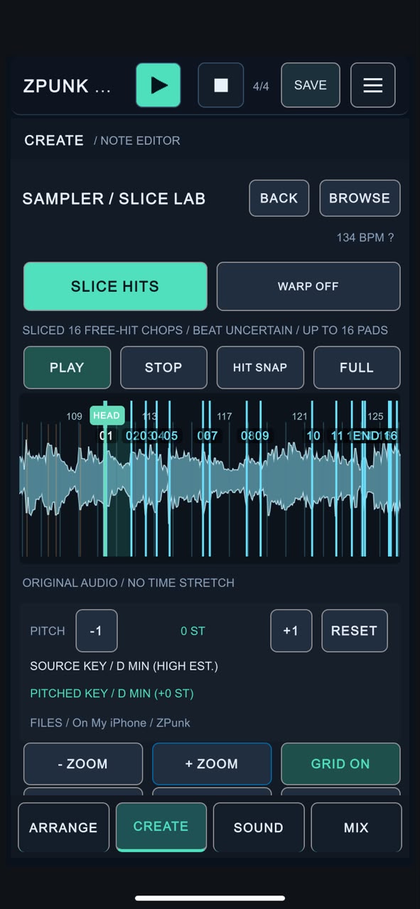 ZPUNK Slice Lab showing SLICE HITS, WARP, HIT SNAP, sample key and zoom controls