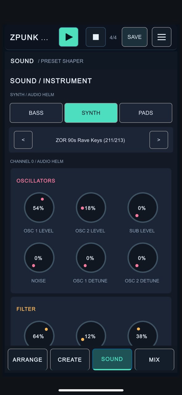 ZPUNK SOUND instrument presets and sound-shaping controls