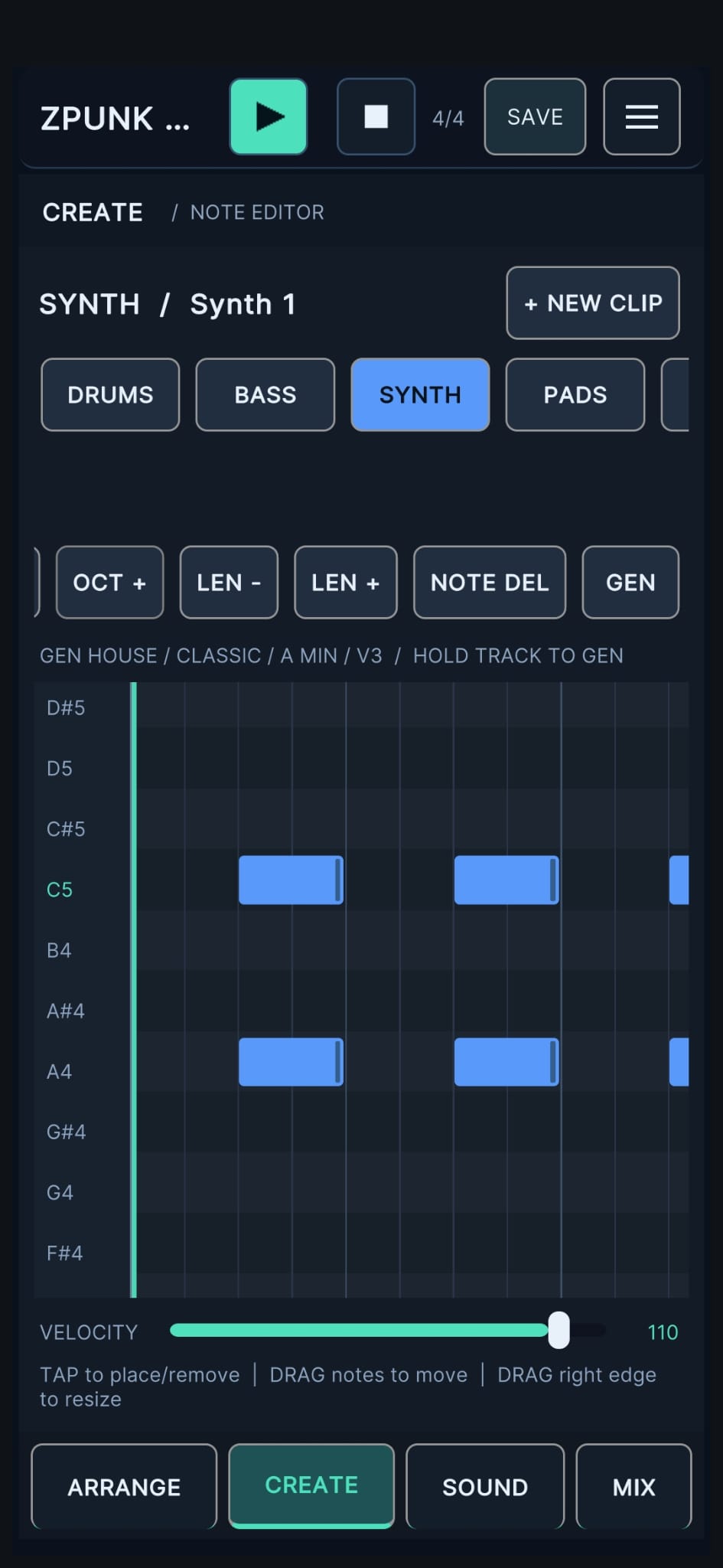 ZPUNK 2.0 synth piano roll with blue notes